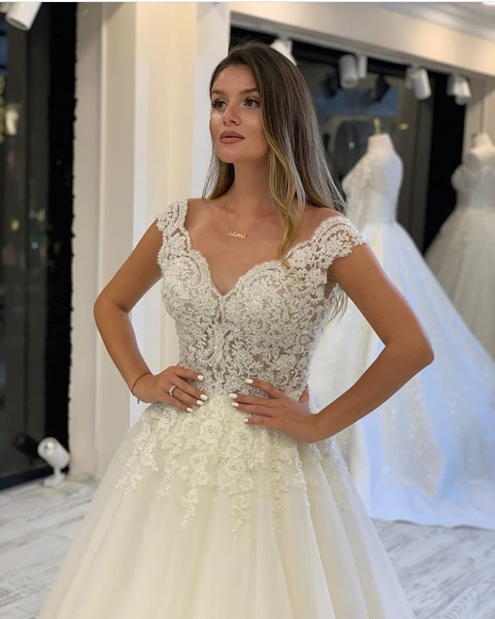Long A-Line V-neck Wide Straps Appliques Lace Pearl Tulle Wedding Dress