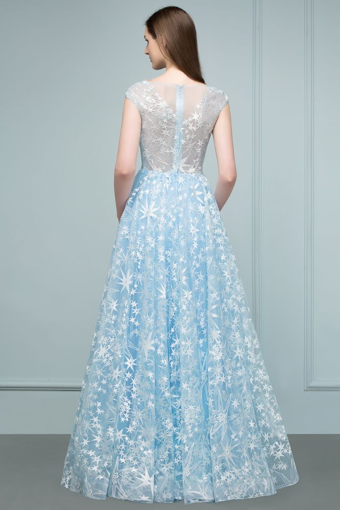 Vestidos de fiesta largos de tul con apliques y mangas casquillo en forma de A