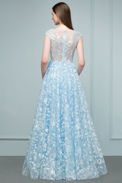 Vestidos de fiesta largos de tul con apliques y mangas casquillo en forma de A