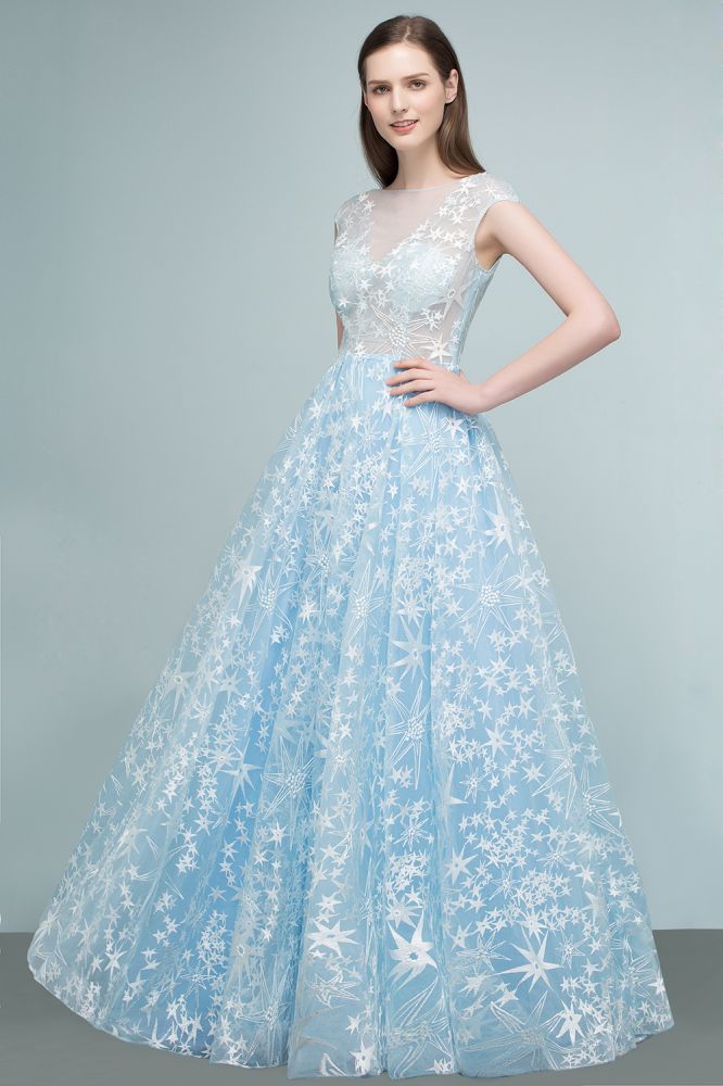 Vestidos de fiesta largos de tul con apliques y mangas casquillo en forma de A