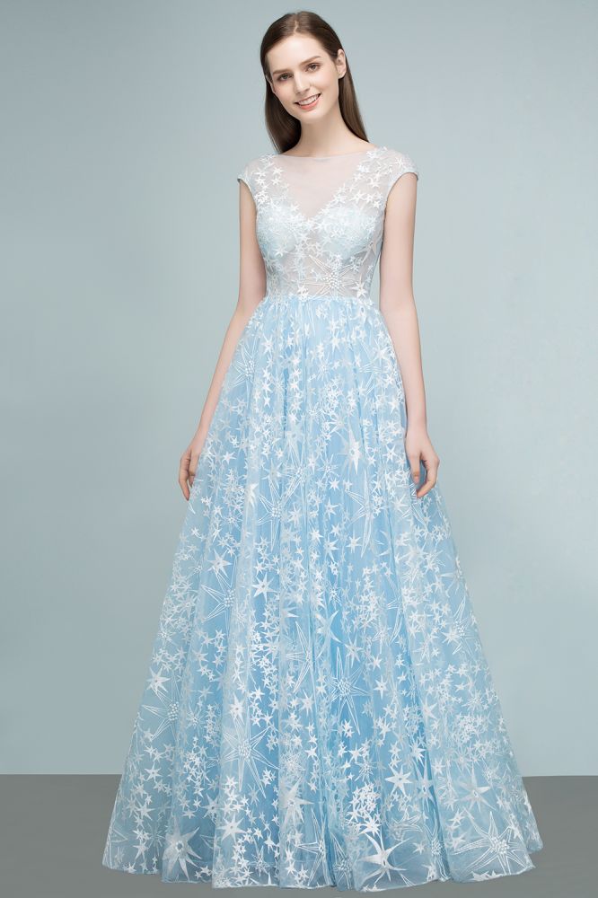 Vestidos de fiesta largos de tul con apliques y mangas casquillo en forma de A