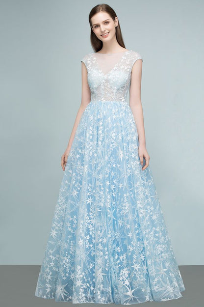 Vestidos de fiesta largos de tul con apliques y mangas casquillo en forma de A