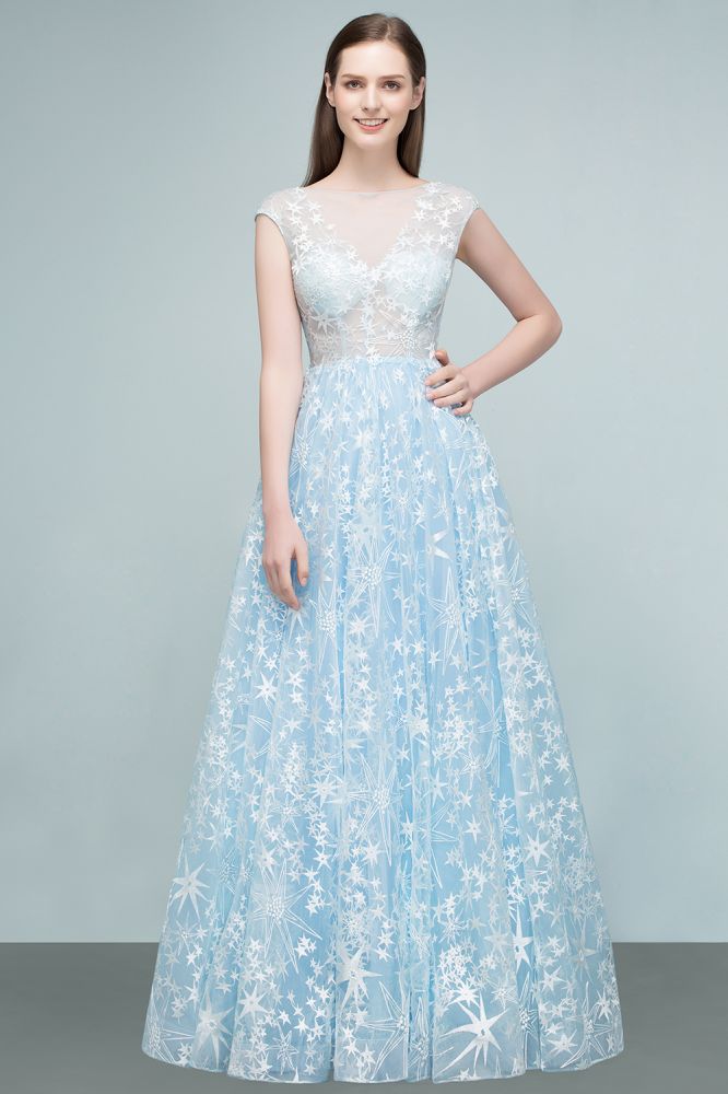 Vestidos de fiesta largos de tul con apliques y mangas casquillo en forma de A