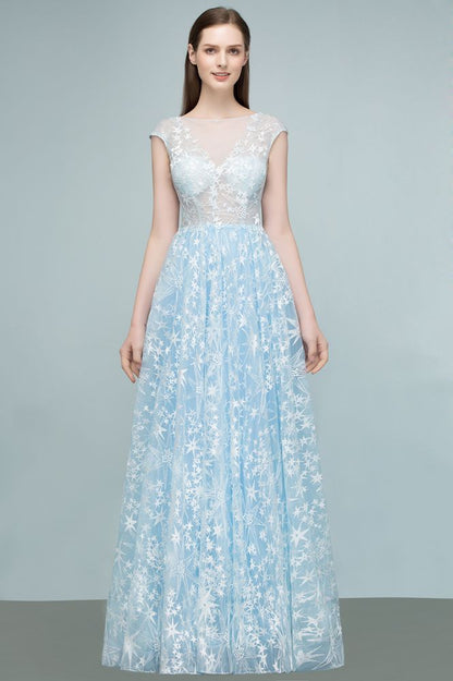 Vestidos de fiesta largos de tul con apliques y mangas casquillo en forma de A