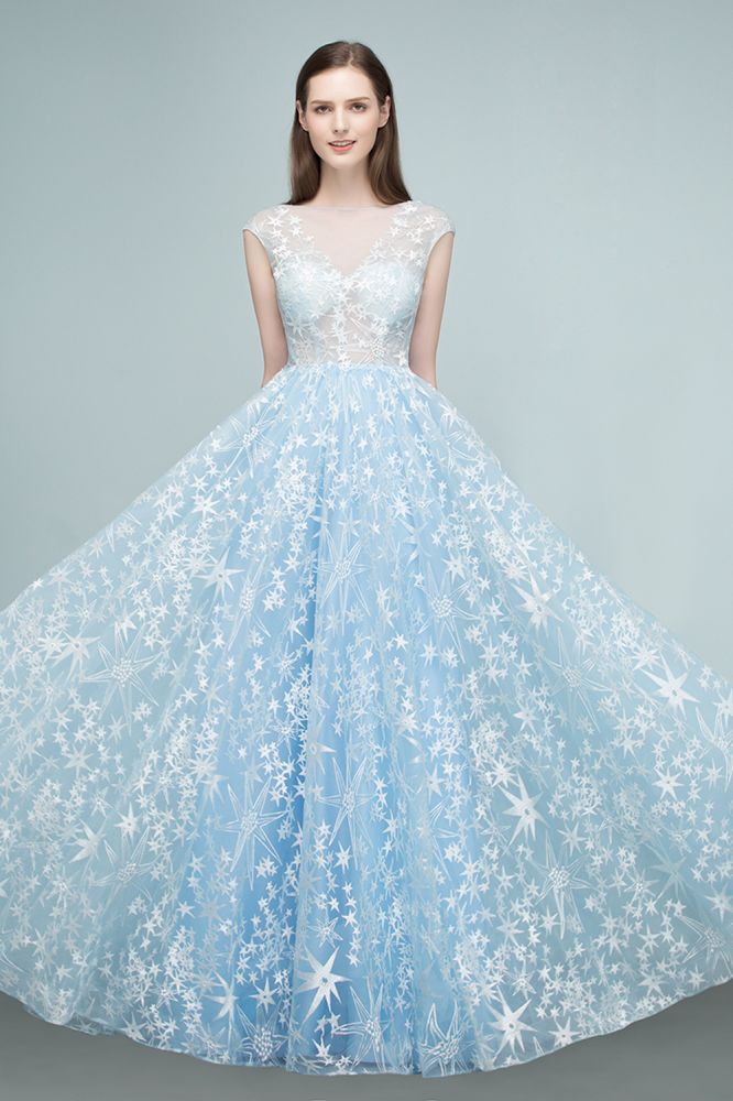Vestidos de fiesta largos de tul con apliques y mangas casquillo en forma de A