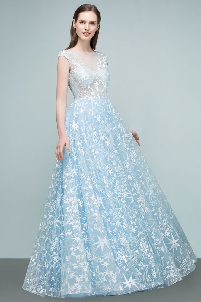 Vestidos de fiesta largos de tul con apliques y mangas casquillo en forma de A