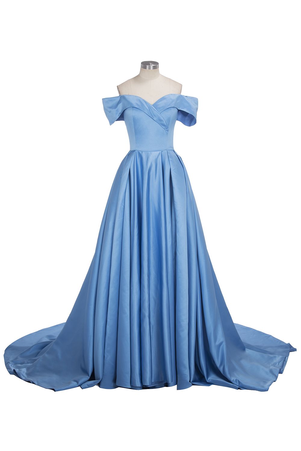 Vestido de fiesta largo de satén azul con hombros descubiertos y abertura
