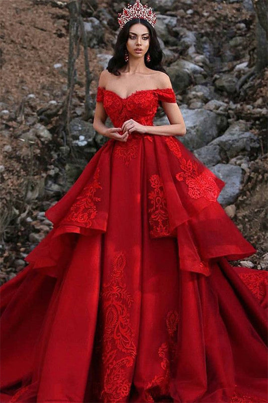 Langes Ballkleid aus schulterfreiem Satin und Spitze in Rot