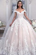 Long Ball Gown Off the Shoulder Tulle Wedding Dress with Appliques Lace