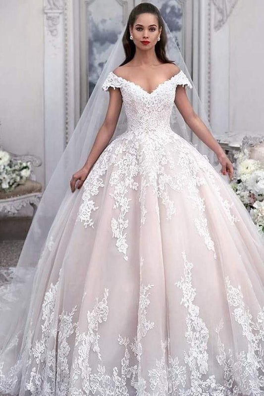 Long Ball Gown Off the Shoulder Tulle Wedding Dress with Appliques Lace