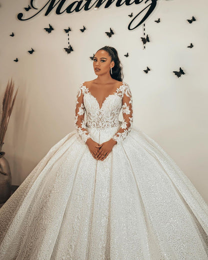 Long Ball Gown Sweetheart Appliques Lace Sequins Ruffles Wedding Dress with Sleeves