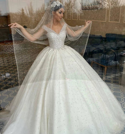 Long Ball Gown Sweetheart Off-the-Shoulder Backless Pearl Beading Ruffles Tulle Wedding Dress
