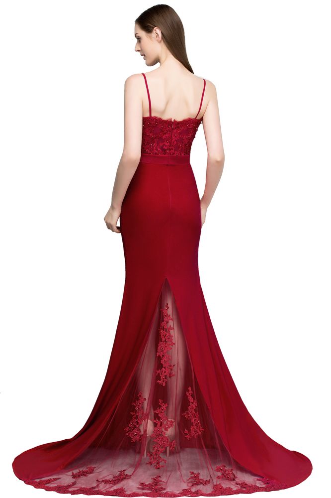 Vestidos de fiesta largos color burdeos con escote en forma de corazón, corte sirena y apliques de cuentas