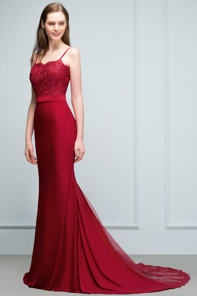 Vestidos de fiesta largos color burdeos con escote en forma de corazón, corte sirena y apliques de cuentas