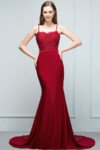 Vestidos de fiesta largos color burdeos con escote en forma de corazón, corte sirena y apliques de cuentas