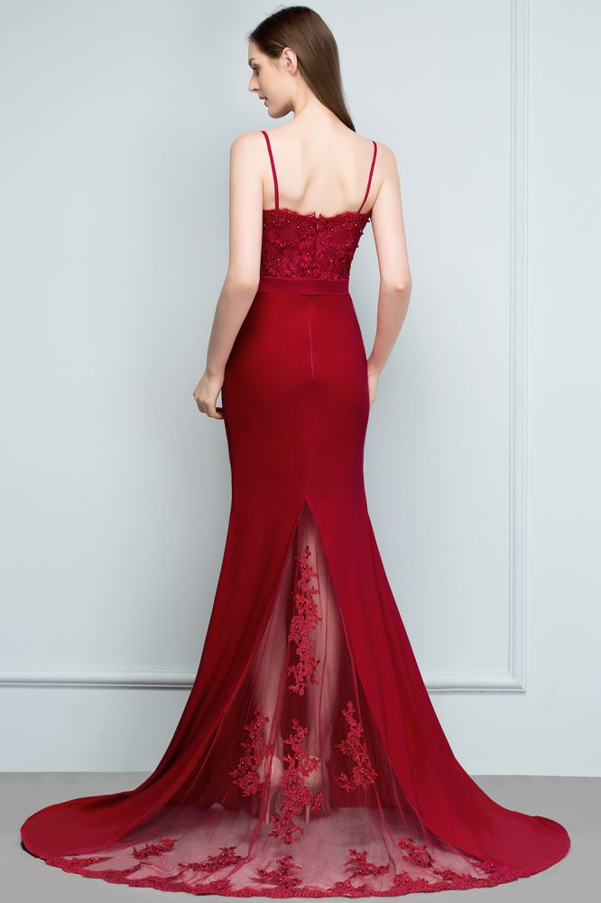 Vestidos de fiesta largos color burdeos con escote en forma de corazón, corte sirena y apliques de cuentas