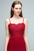 Vestidos de fiesta largos color burdeos con escote en forma de corazón, corte sirena y apliques de cuentas