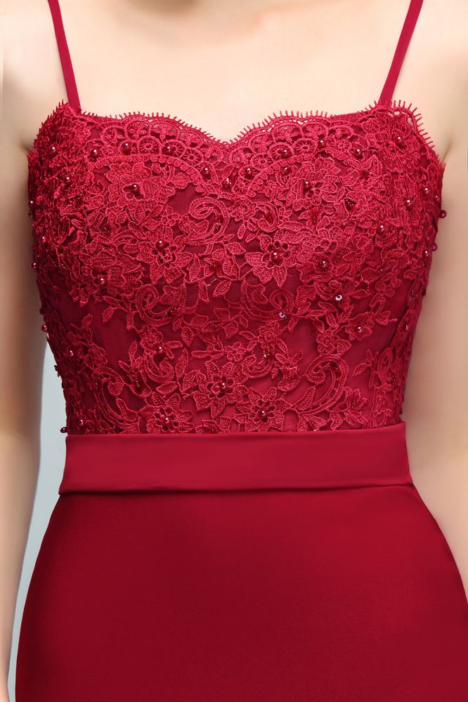 Vestidos de fiesta largos color burdeos con escote en forma de corazón, corte sirena y apliques de cuentas