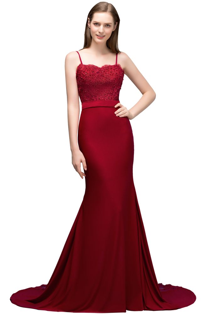 Vestidos de fiesta largos color burdeos con escote en forma de corazón, corte sirena y apliques de cuentas