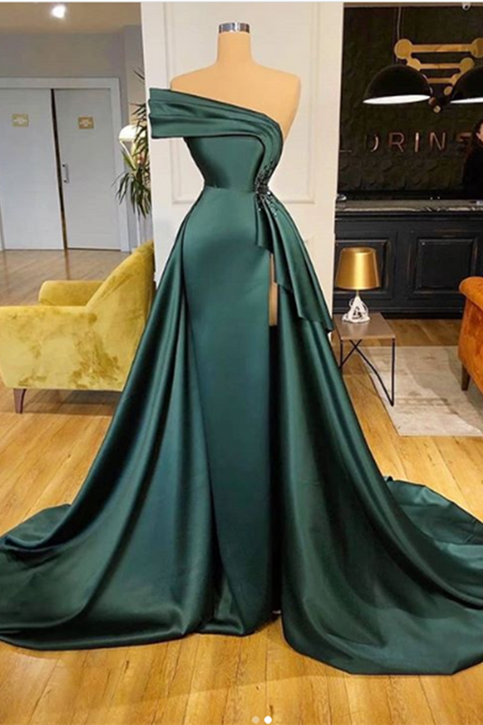 Vestidos de fiesta largos de satén verde oscuro con aberturas elegantes