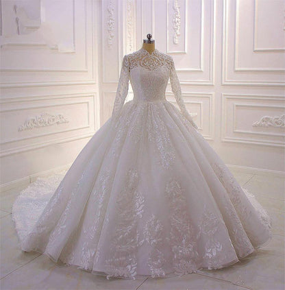 Long High neck Appliques Lace Ball Gown Wedding Dress with Sleeves