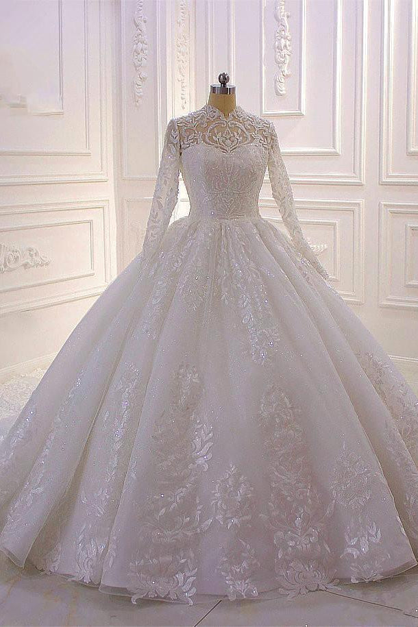 Vestido de novia largo de cuello alto con apliques de encaje y mangas