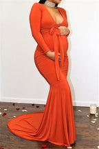 Vestido de noche formal para embarazadas, largo, estilo sirena, con escote en V profundo y mangas