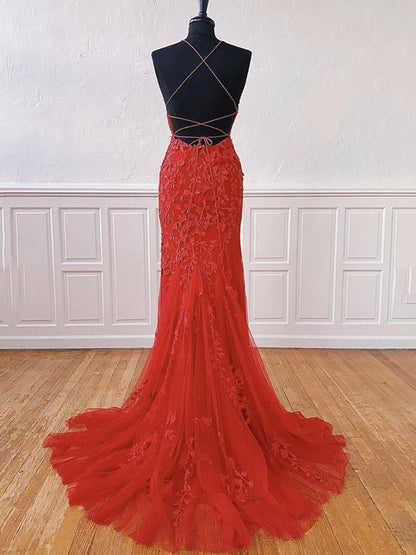Long Mermaid Halter Tulle Lace Open Back Formal Graduation Prom Dresses