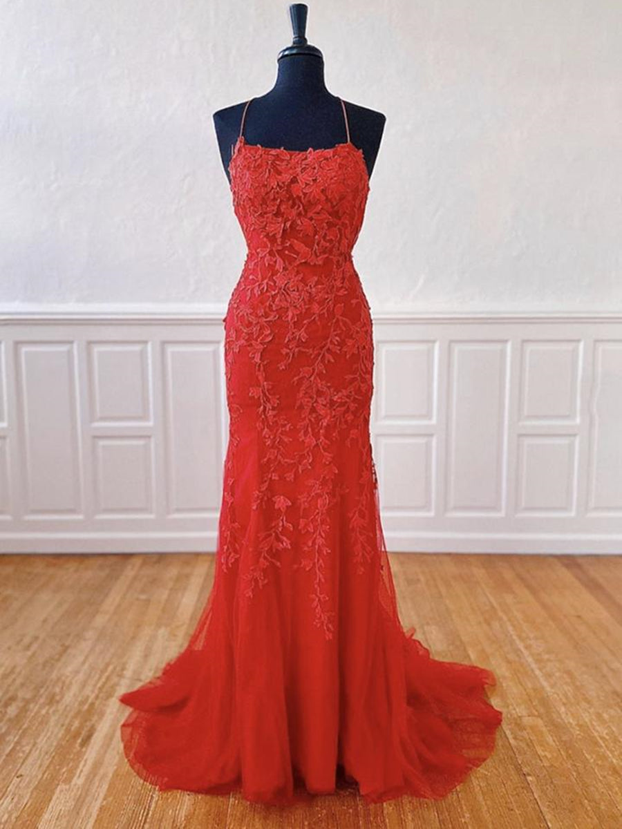 Long Mermaid Halter Tulle Lace Open Back Formal Graduation Prom Dresses