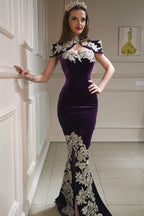 Long Mermaid High Neck Appliques Lace Backless Velvet Prom Dress
