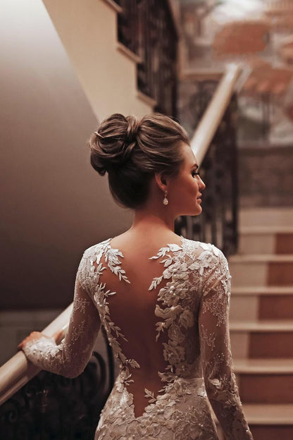 Long Mermaid High Neck Appliques Lace Backless Wedding Dress with Sleeves