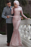 Long Mermaid High Neck Appliques Lace Prom Dress with Sleeves