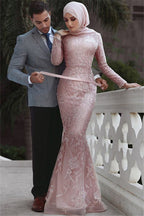 Long Mermaid High Neck Appliques Lace Prom Dress with Sleeves