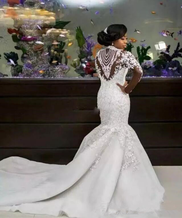 Long Mermaid High Neck Beads Lace Appliques Wedding Dress with Sleeves