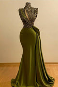 Long Mermaid High Neck Prom Dress Sequins With Ruffle