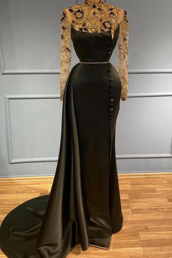 Langes Meerjungfrau-Ballkleid aus Satin mit hohem Halsausschnitt und Ärmeln
