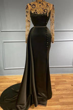 Langes Meerjungfrau-Ballkleid aus Satin mit hohem Halsausschnitt und Ärmeln
