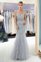 Long Mermaid Jewel Crystal Sqeuined Tulle Evening Dresses