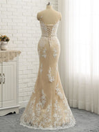 Long Mermaid Jewel Neck Chapel Train Tulle Lace Wedding Dresses