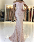 Long Mermaid Off-the-shoulder Backless Appliques Lace Prom Dress