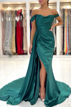 Vestido de fiesta largo de sirena con hombros descubiertos, espalda descubierta, abertura frontal y cola lateral