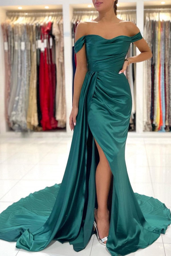 Vestido de fiesta largo de sirena con hombros descubiertos, espalda descubierta, abertura frontal y cola lateral