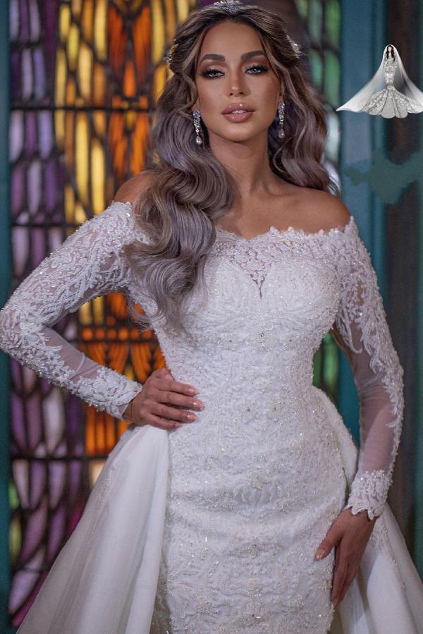 Langes, schulterfreies, abnehmbares Meerjungfrau-Brautkleid mit Ärmeln