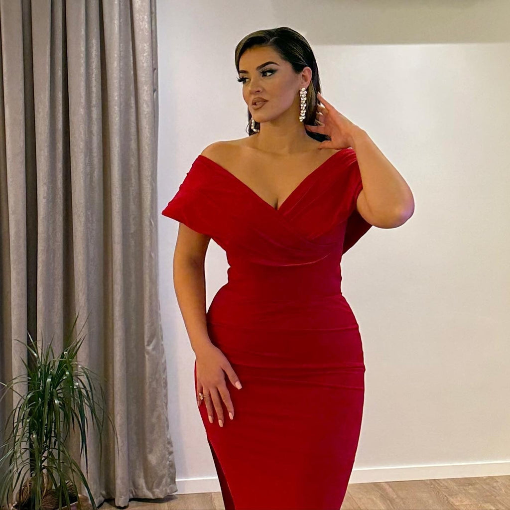 Long Mermaid Off the Shoulder Satin Red Formal Prom Dresses with Slit