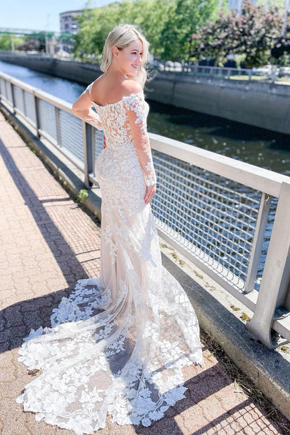 Long Mermaid Off-the-Shoulder Sweetheart Appliques Lace Wedding Dress with Sleeves