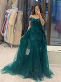 Langes Meerjungfrau-Kleid mit schulterfreiem Tüll und Spitze, formelle Abschlussballkleider
