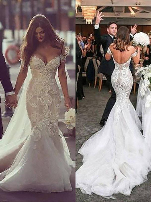 Long Mermaid Off-the-Shoulder Tulle Lace Wedding Dresses