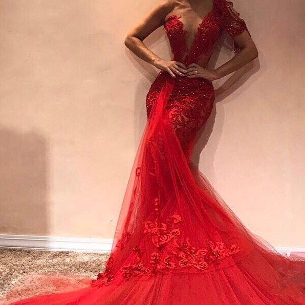 Langes Meerjungfrau One-Shoulder-Applikationen Spitzentüll rotes Ballkleid
