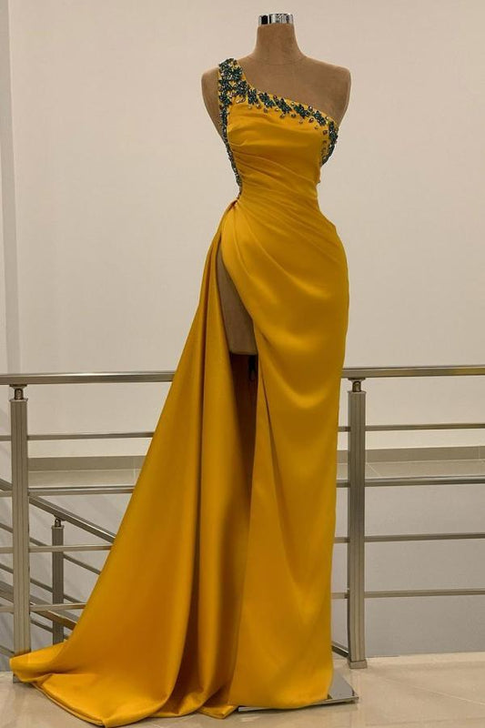 Langes Meerjungfrau-Ballkleid mit One-Shoulder-Ausschnitt, Perlenbesatz und Rückenfreiem Schlitz