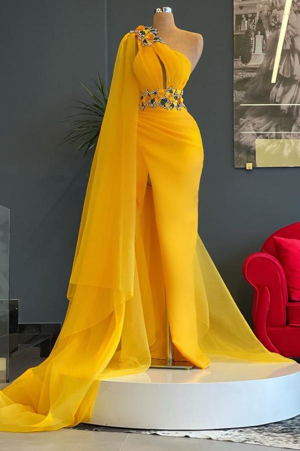 Langes Meerjungfrau-Ballkleid mit One-Shoulder-Ausschnitt und Perlenbesatz im Tüllstil